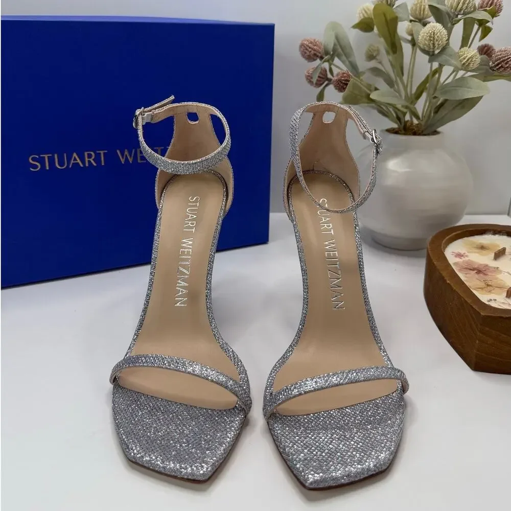 Stuart Weitzman Nudistcurve 100Sanda Ankle Strap Sandal Silver Women's 9.5B